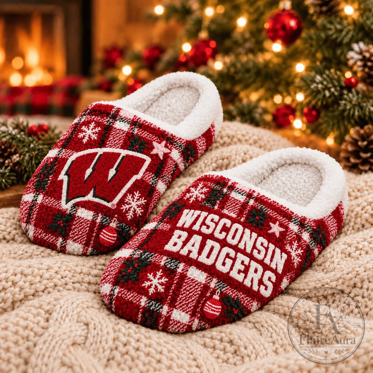 Wisconsin Badgers Plaid Christmas Holiday Slippers