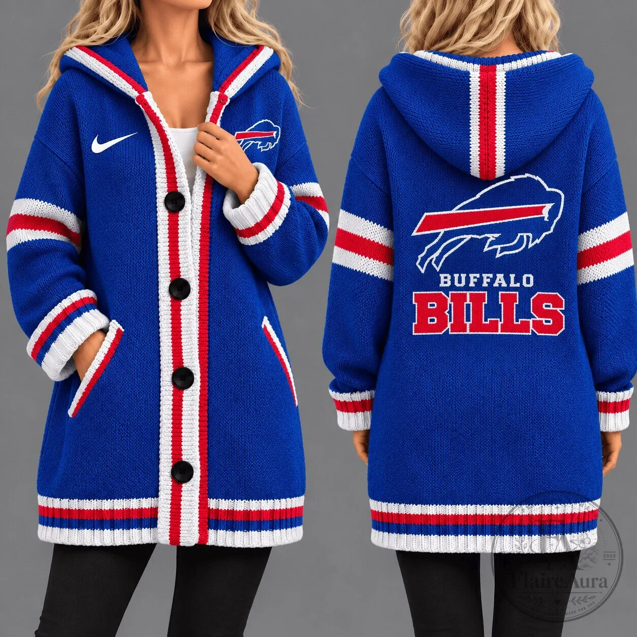 Buffalo Bills NFL Football Team Blue Knitted Cardigan Sweater for Women