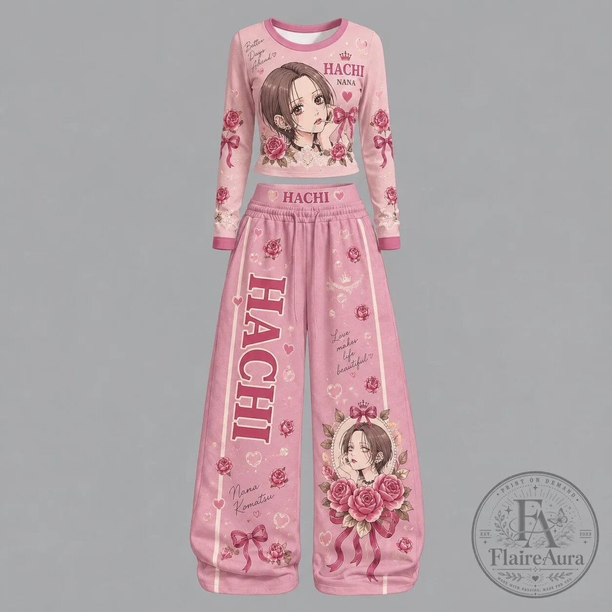 Nana Komatsu Hachi Anime Manga Character Pink Long Sleeve Crop Top and Pants Set