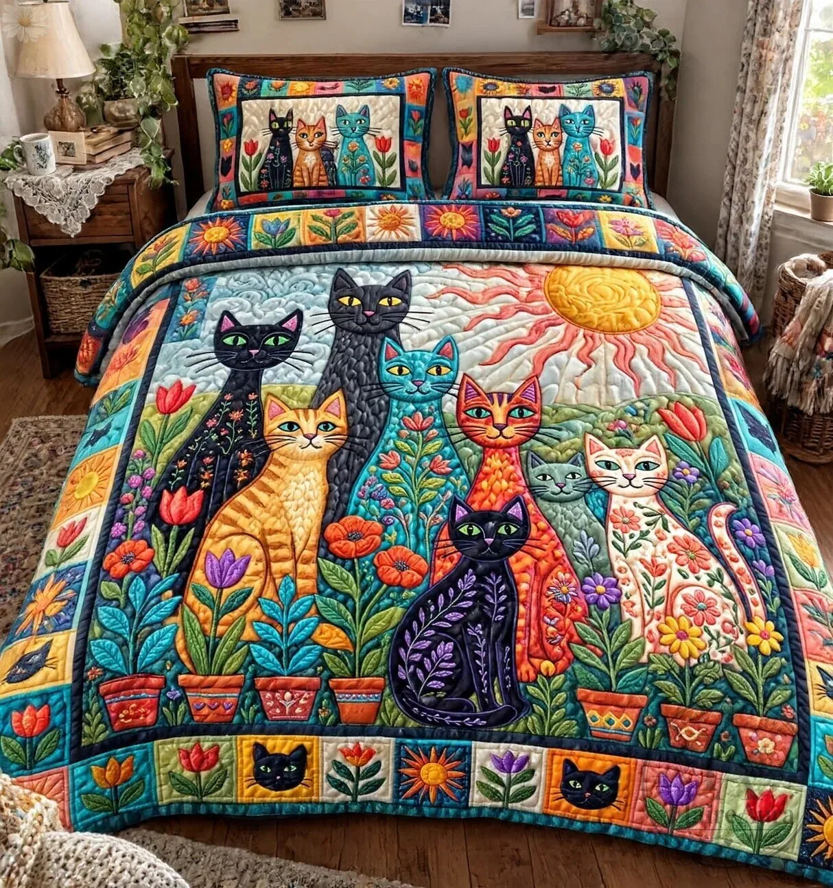 Folk Art Cats Floral Garden Quilted Blanket Bedding Set