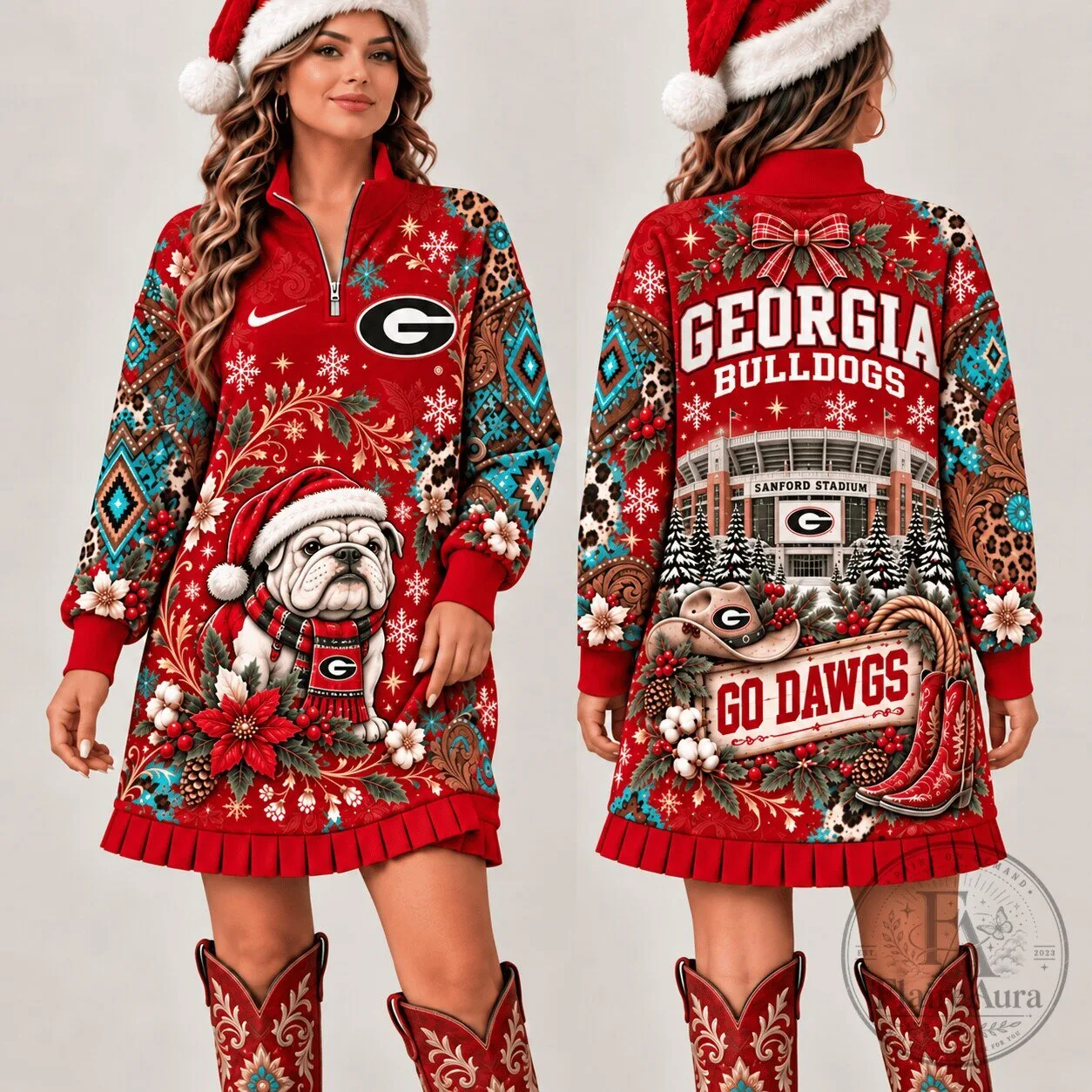 Georgia Bulldogs Christmas Bulldog Mascot Quarter-Zip Dress