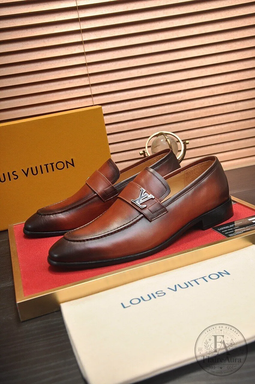 Louis Vuitton Men's Brown Leather Loafer Dress Shoes with Silver LV Buckle