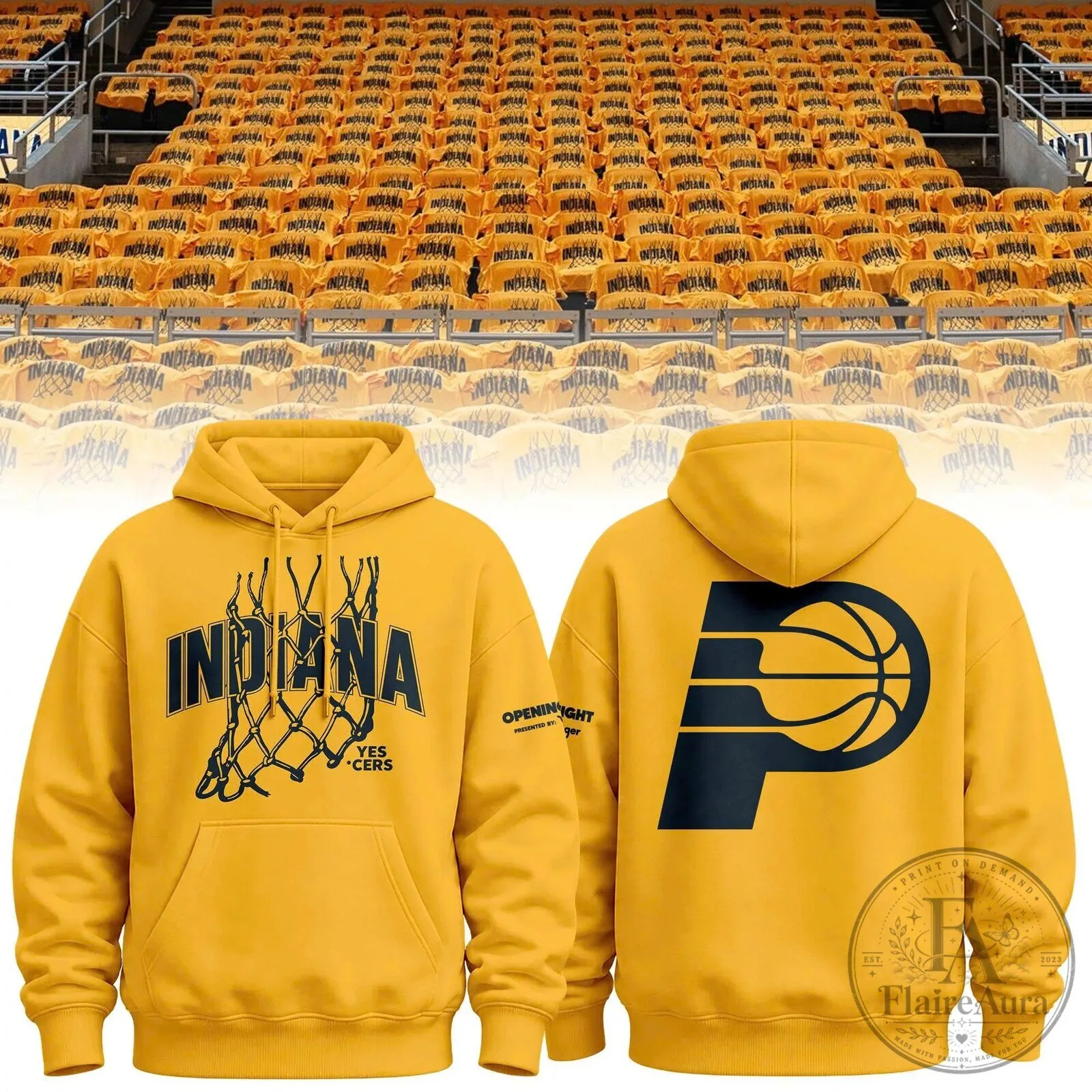 Indiana Pacers Opening Night Basketball Hoop and Logo Gold Hoodie