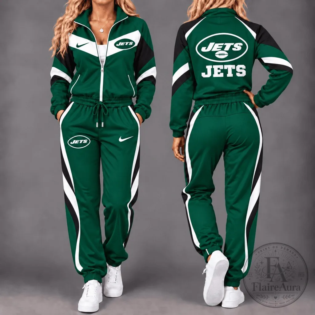 New York Jets NFL Team Green and White Striped Full Zip Tracksuit Jacket New York Jets NFL Team Green and White Striped Full Zip Tracksuit Jacket