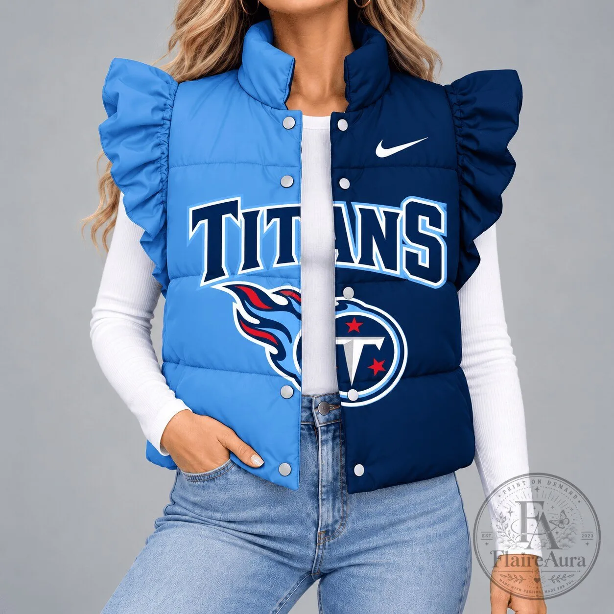 Tennessee Titans Split Color Ruffle Sleeve Quilted Puffer Vest Jacket