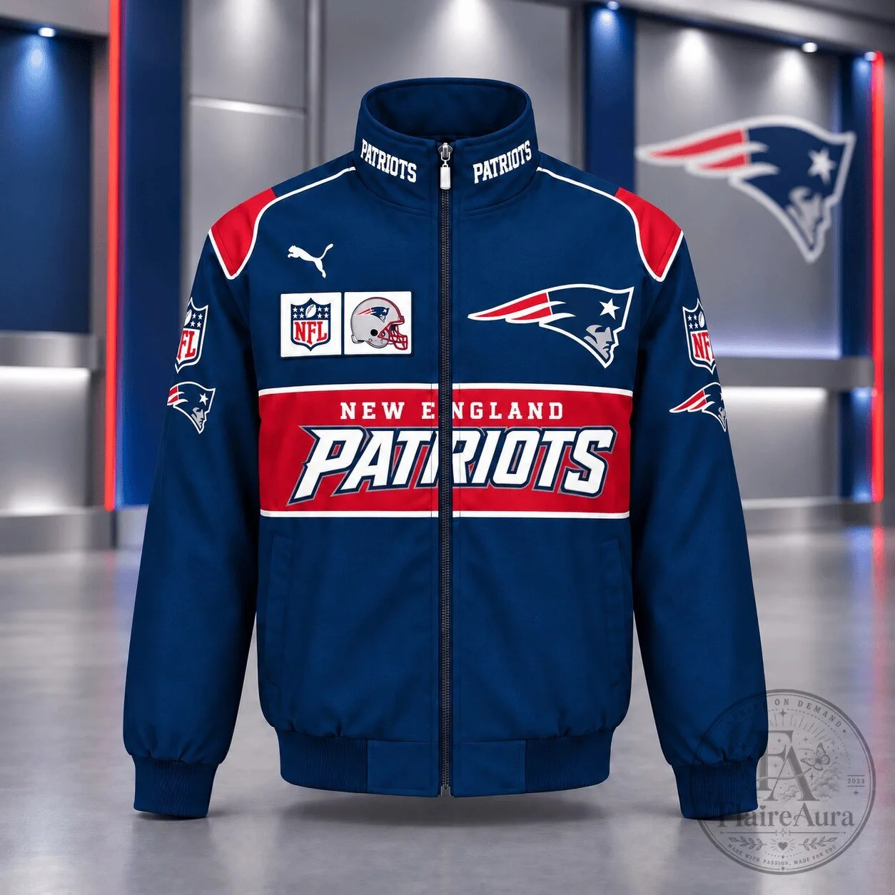 New England Patriots NFL Football Team Spirit Full-Zip Casual Bomber Jacket