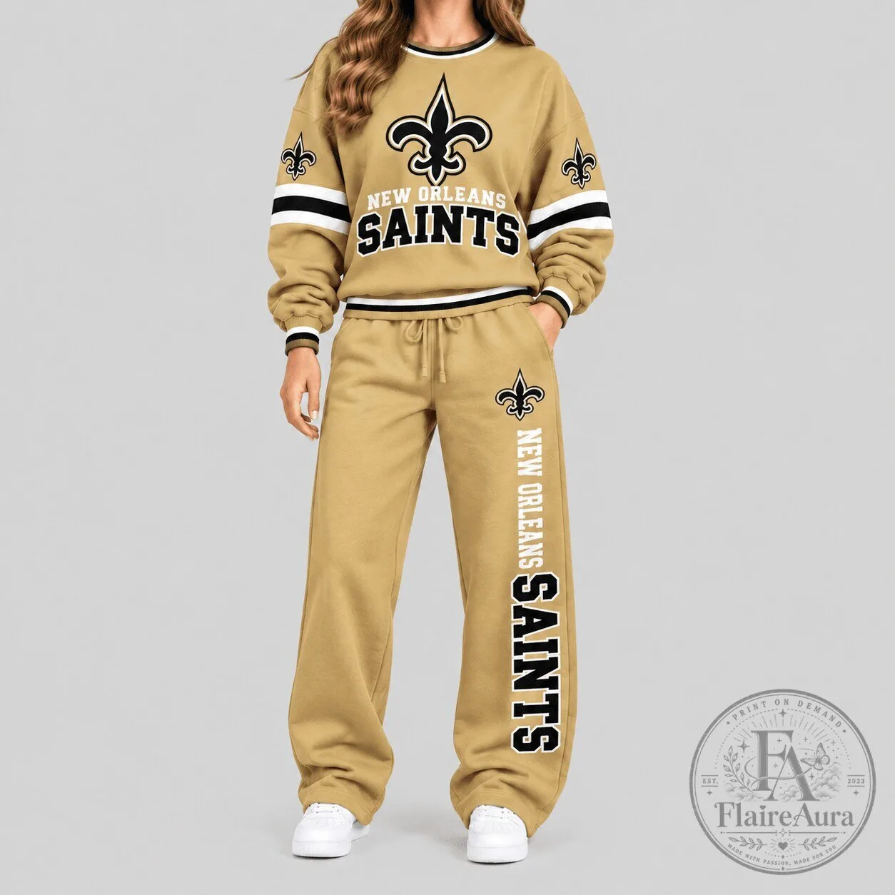 New Orleans Saints NFL Football Team Logo Gold Crewneck Sweatshirt for Women