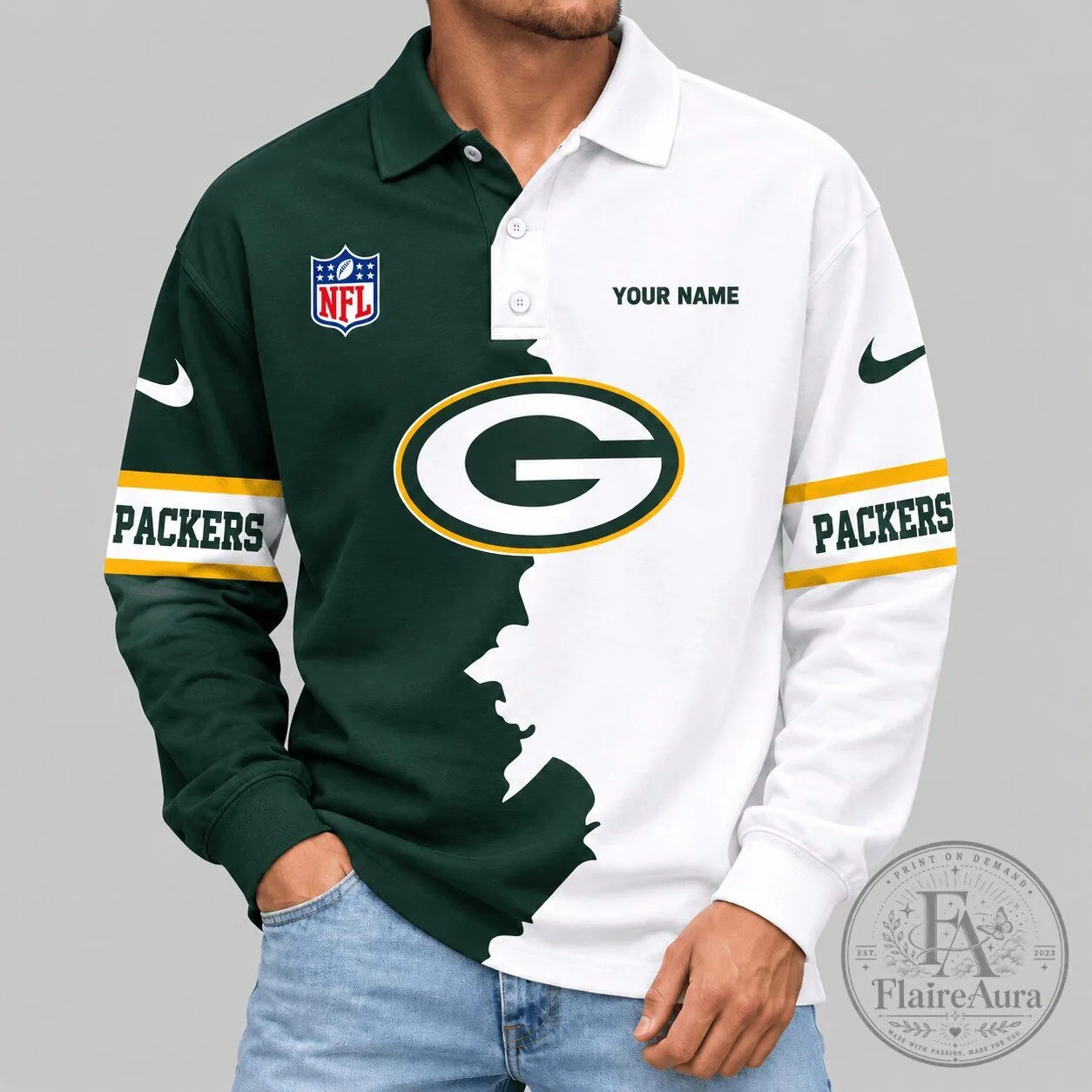 Green Bay Packers NFL Split Panel Long Sleeve Polo Shirt