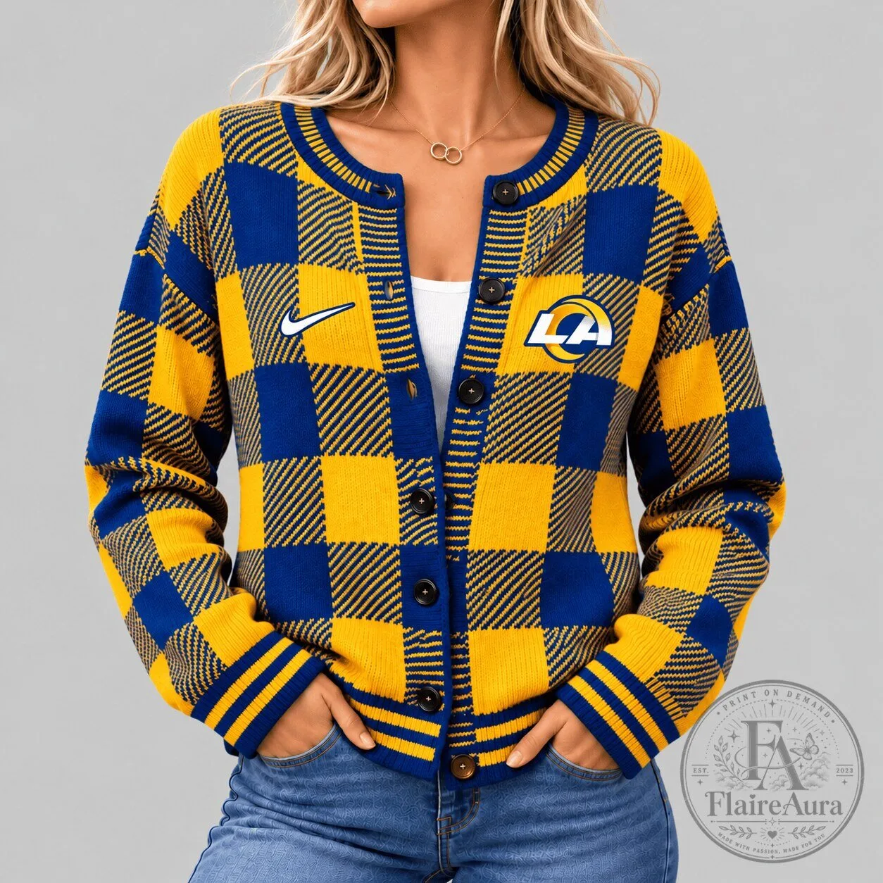 Los Angeles Rams Buffalo Check Knit Cardigan Sweater for Women