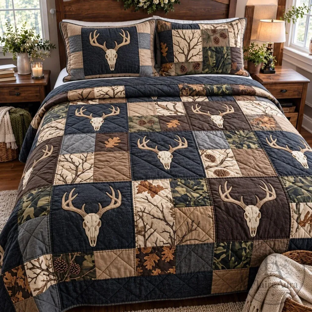 Woodland Stag Skull Patchwork Quilted Bedding Set Woodland Stag Skull Patchwork Quilted Bedding Set