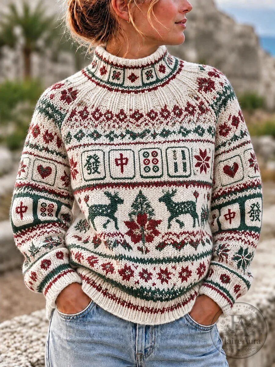 Women's Christmas Mahjong Reindeer Fair Isle Knitted Turtleneck Sweater