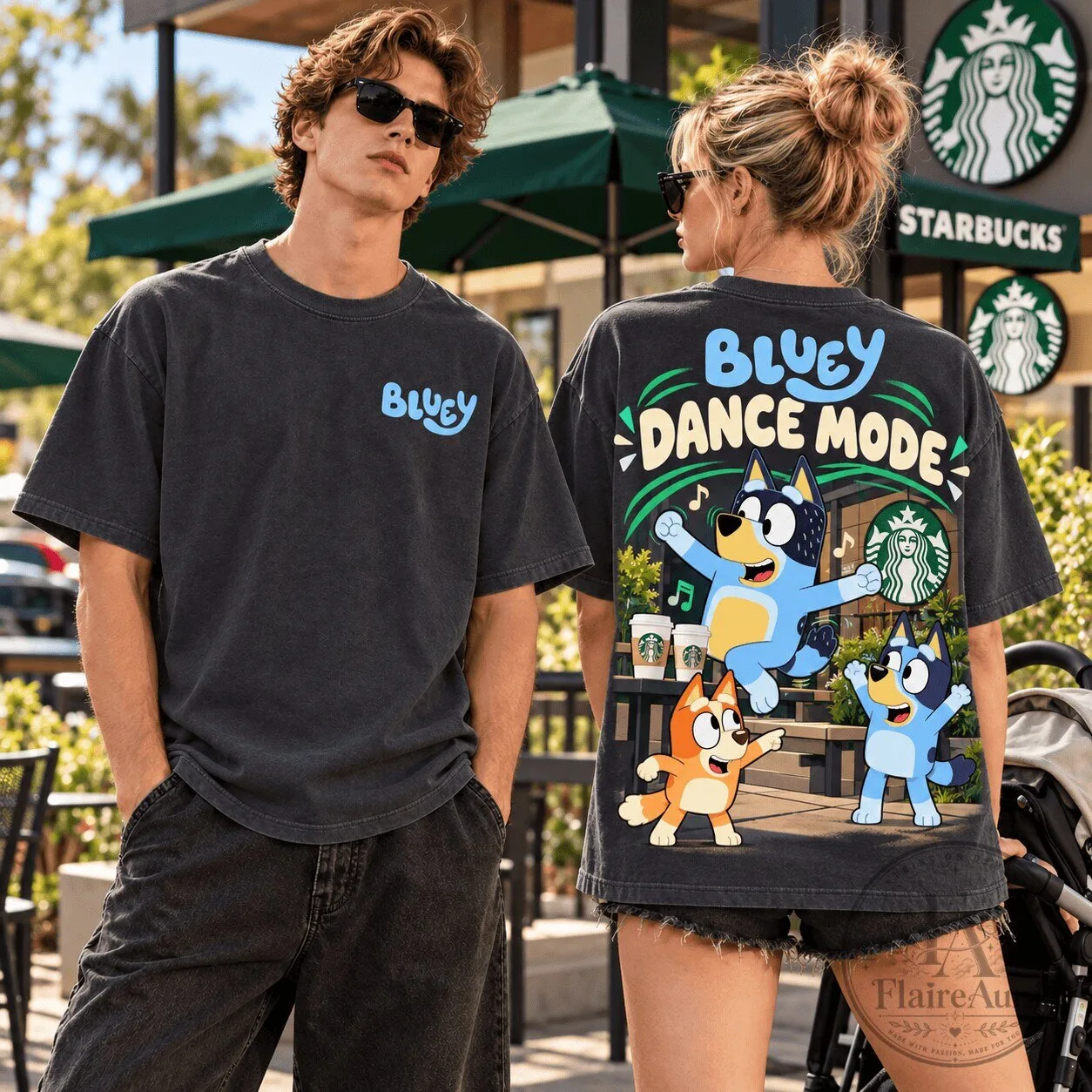 Bluey Dance Mode Starbucks Cafe Adventure Oversized Black Graphic T-Shirt