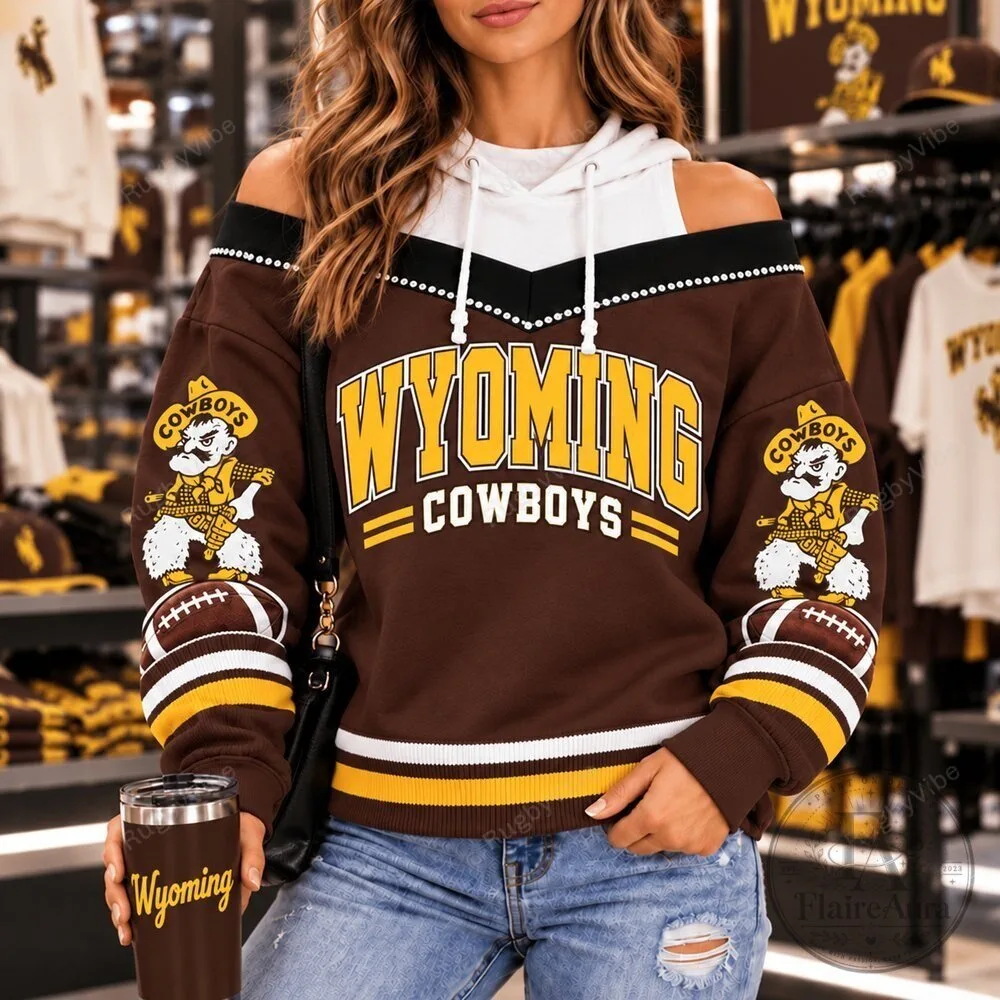 Wyoming Cowboys Football Team Brown and White Off Shoulder Hoodie