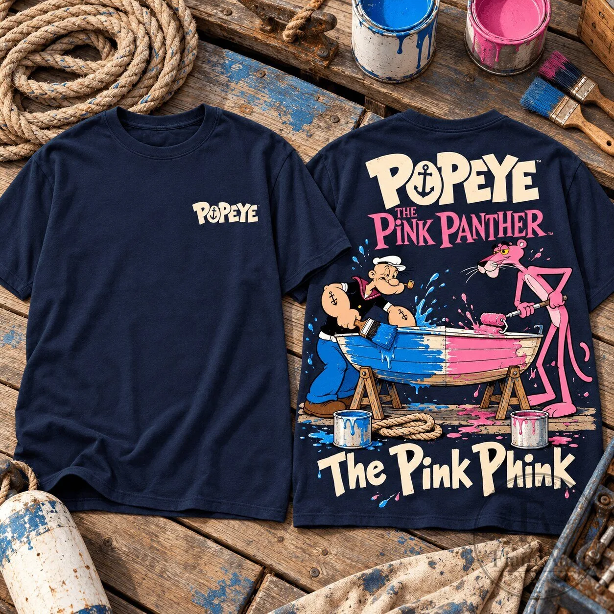 Popeye The Pink Panther Boat Painting Classic Cartoon Fan T-Shirt
