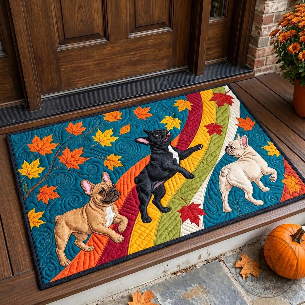 Autumn French Bulldog Trio Fall Leaves Rainbow Swirls Doormat