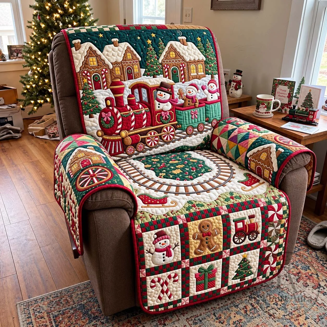 Gingerbread Christmas Train Quilted Sofa Cover for Holiday Home Decor