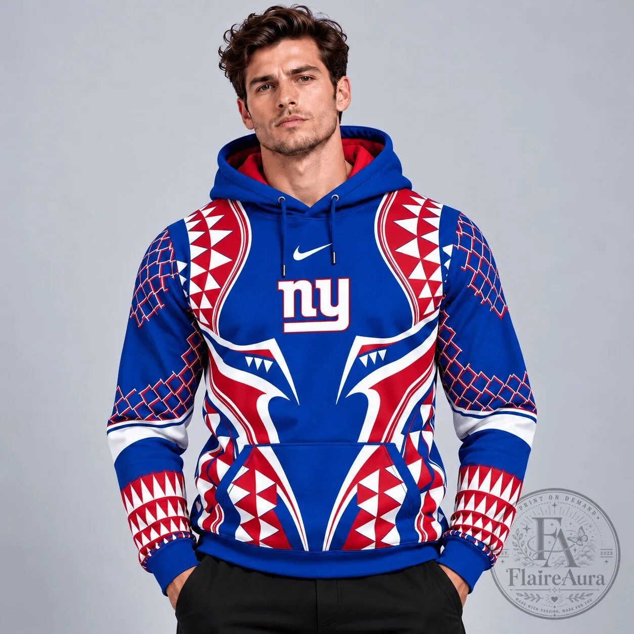 New York Giants Tribal Geometric Pattern Pullover Hoodie with Team Logo All Over Print