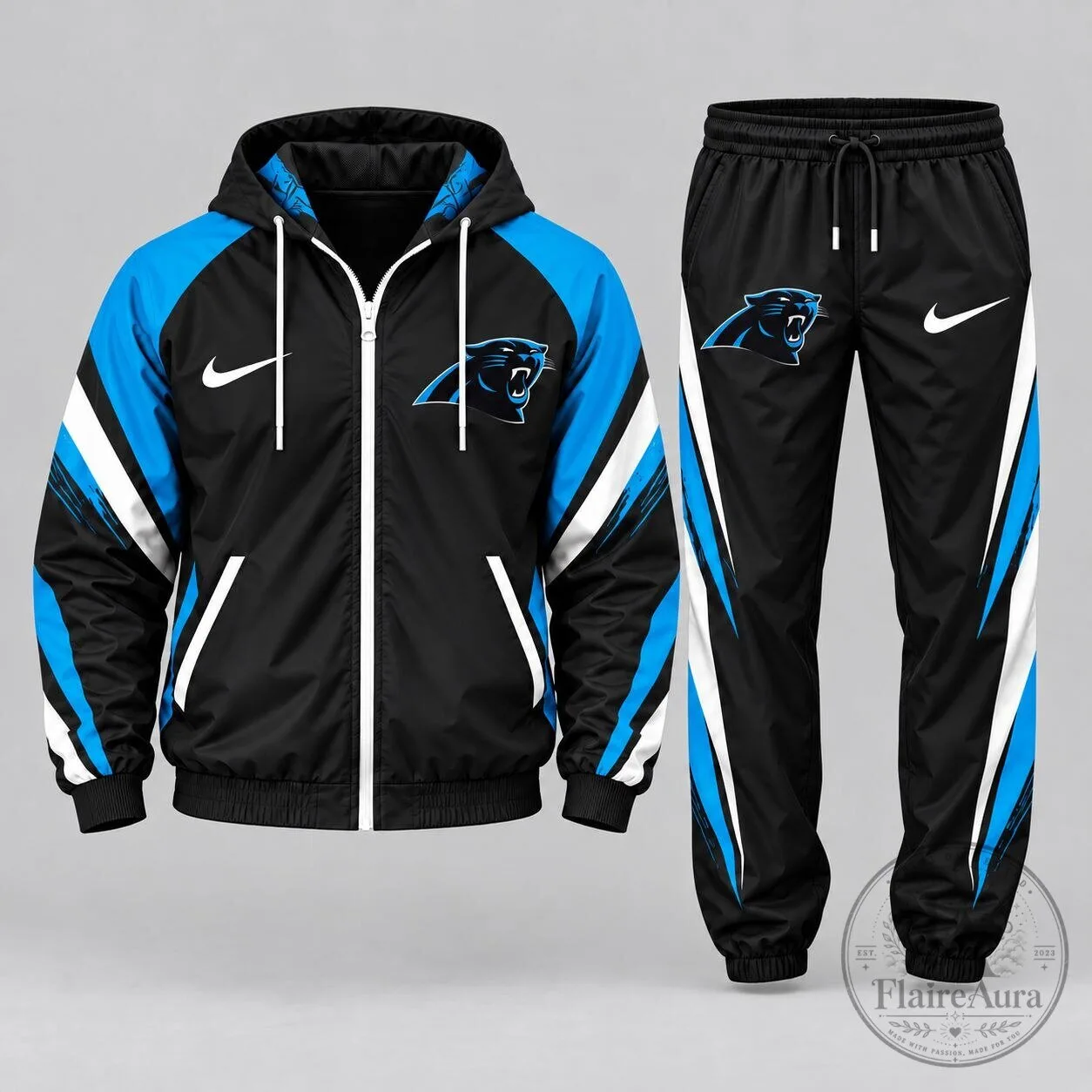 Black and Blue Tracksuit Set with Jacket and Pants for Carolina Panthers NFL Football Team