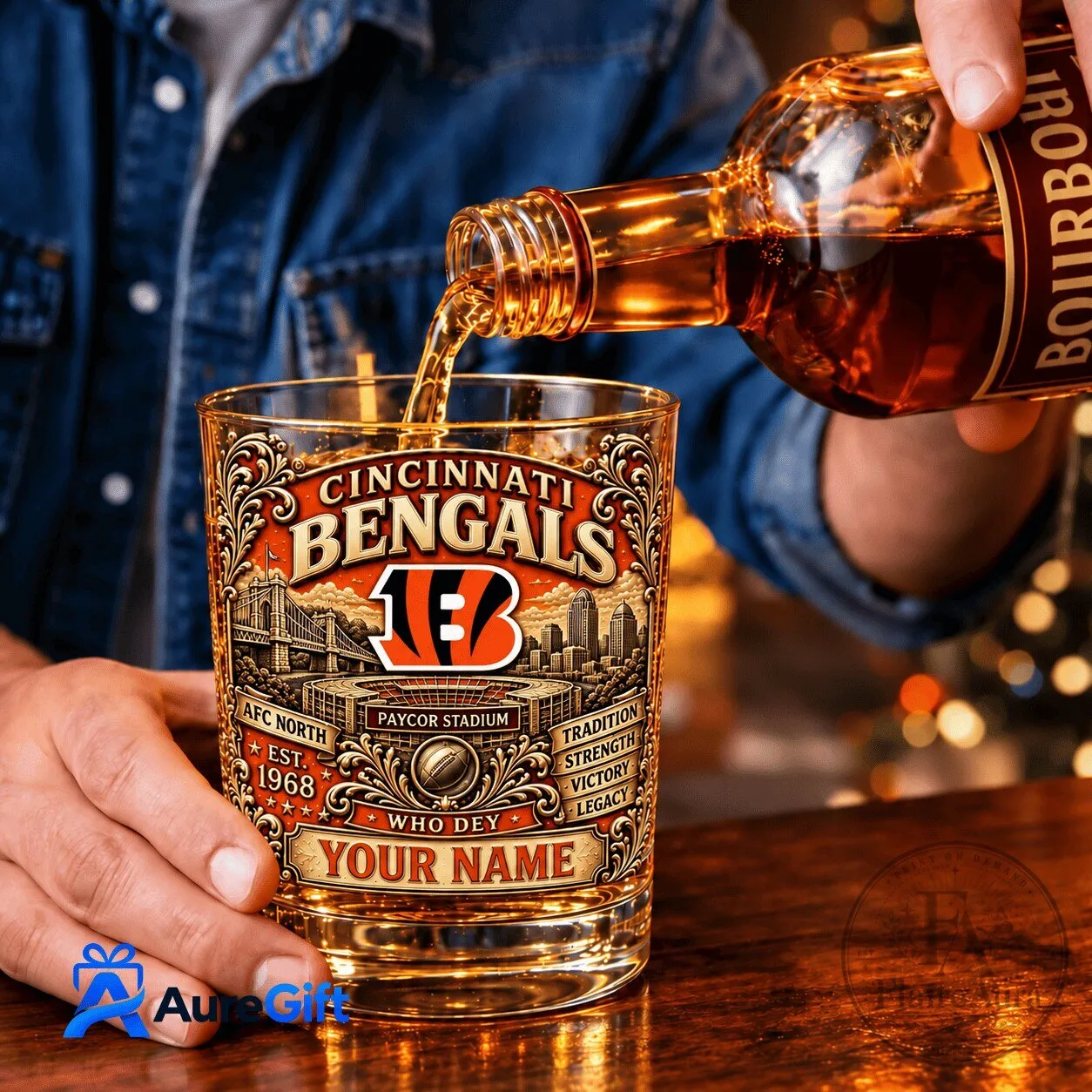 Cincinnati Bengals NFL Personalized Whiskey Glass with Stadium and Team Logo