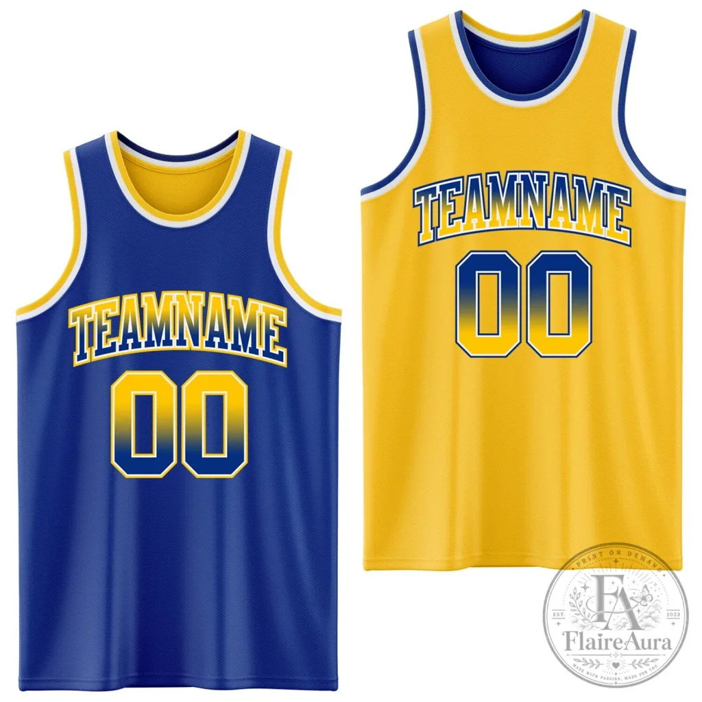 Custom Royal Blue Yellow Fade Reversible Basketball Jersey with Team Name and Number Custom Royal Blue Yellow Fade Reversible Basketball Jersey with Team Name and Number