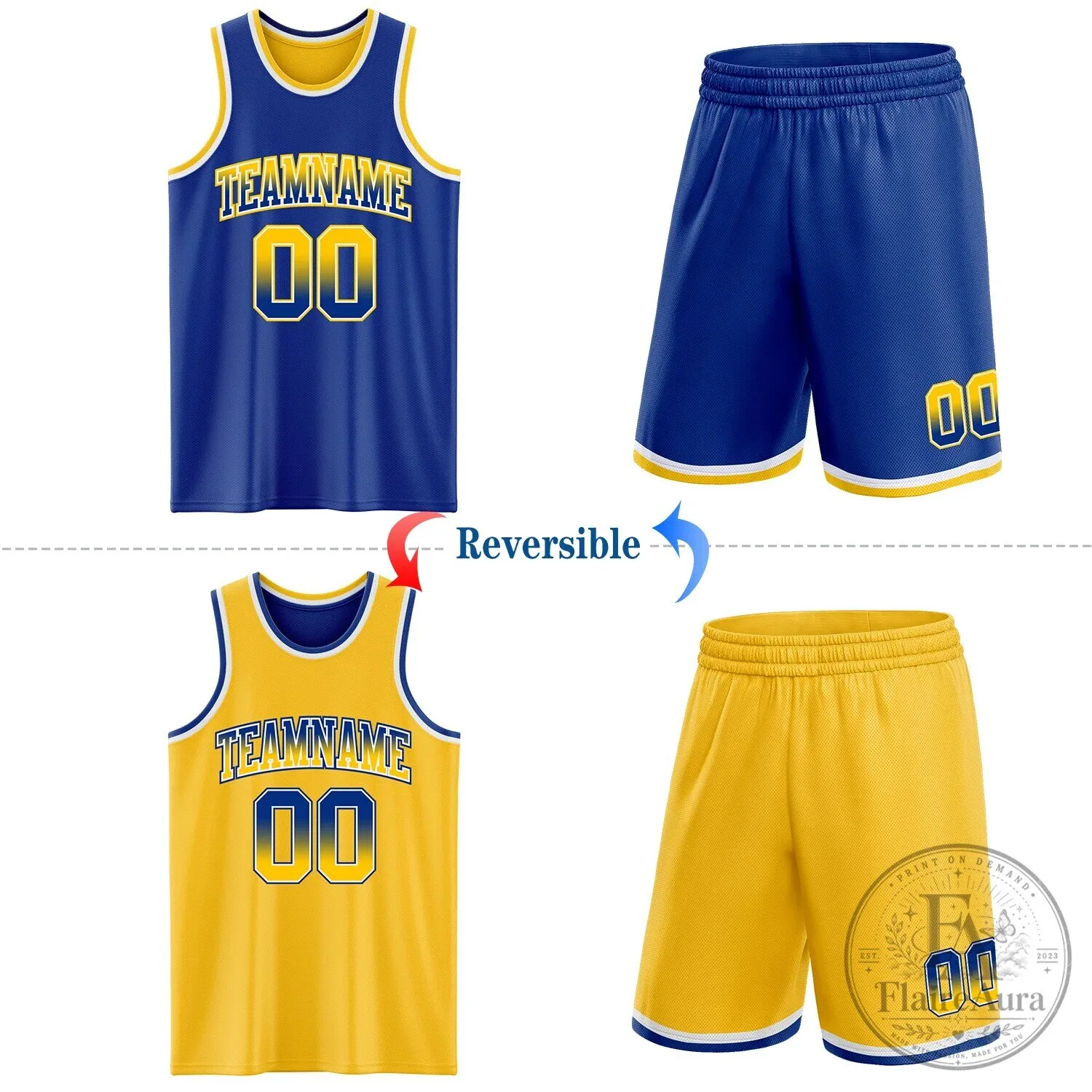 Custom Royal Blue Yellow Fade Reversible Basketball Jersey with Team Name and Number 8 Custom Royal Blue Yellow Fade Reversible Basketball Jersey with Team Name and Number