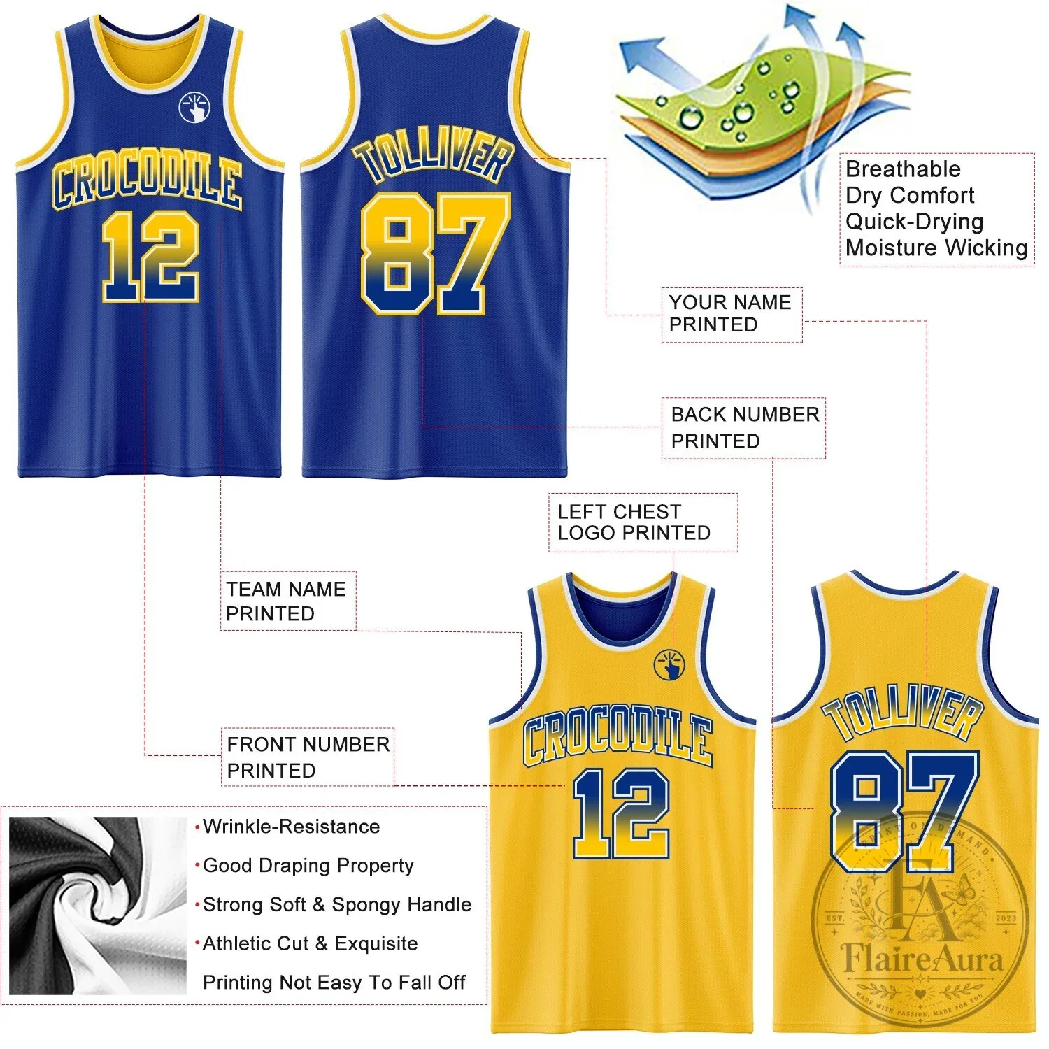 Custom Royal Blue Yellow Fade Reversible Basketball Jersey with Team Name and Number 11 Custom Royal Blue Yellow Fade Reversible Basketball Jersey with Team Name and Number