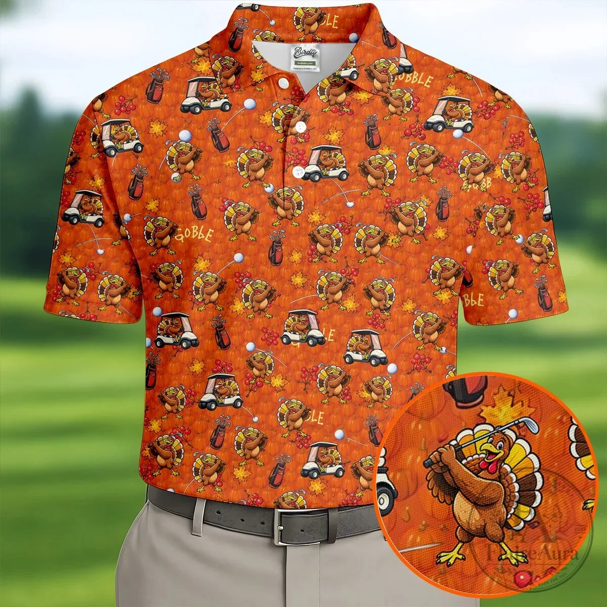 Thanksgiving Cartoon Turkey Golfing Pattern Men's Polo Shirt